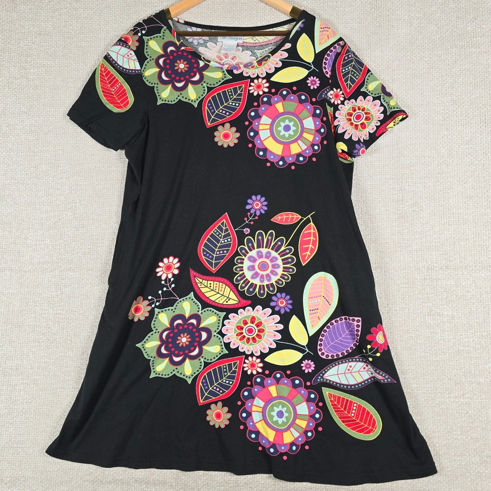 The Paragon Womens XL Black Cotton Floral Leaf Print Short Sleeve A-Line Dress